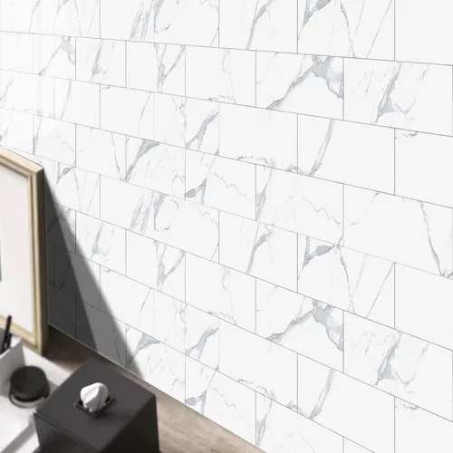 Miniatura 2 de TUOKING Azulejos de metro de mármol de 4 piezas para despegar y pegar, de 4 x 8 pulgadas, compuesto de piedra blanca, impermeable, azulejos de pared