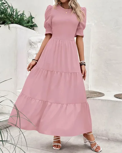 Miniatura 25 de BTFBM Vestidos para mujer, cuello redondo, casual, de verano, con volantes, manga corta, bohemio, con niveles, fruncido, largo, con estampado floral