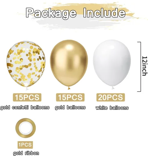 Miniatura 2 de Globos de látex con confeti blanco y dorado, paquete de 50 globos de fiesta dorados y blancos de 12 pulgadas con cintas para cumpleaños, graduación