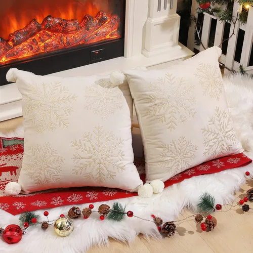 Miniatura 2 de Lewondr Fundas de almohada decorativas de Navidad, bordado de copos de nieve 16x16, fundas de almohada para el hogar, Navidad dorada, decorativas