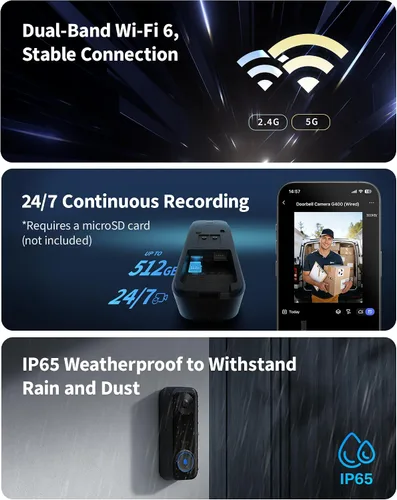 Miniatura 9 de Aqara Cámara de timbre G400 con timbre, cableado/PoE, video seguro HomeKit, vista de pies a cabeza 2K HD, audio de 2 vías, Wi-Fi 6 de 2.4/5 GHz