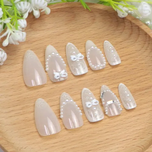 Miniatura 2 de Uñas postizas medianas a presión de almendra, con lazo 3D, perlas y diamantes de imitación, diseños de flores, uñas adhesivas, uñas acrílicas