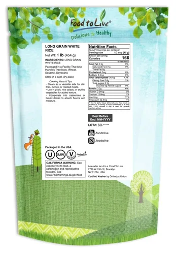 Miniatura 2 de Food to Live Arroz blanco de grano largo, 1 libra crudo, vegano, kosher. Fácil de cocinar. Se mantiene separado y esponjoso. Rico en hierro y bajo