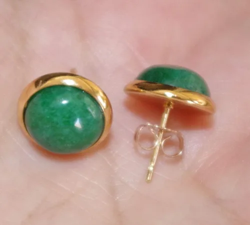 Miniatura 6 de CHINESE GREEN JADE ROUND DOME 12MM VINTAGE GENUINE 14K GF STUD EARRINGS