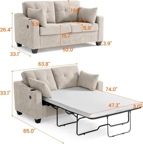 Miniatura 3 de CHIC HOUSE Sofá cama extraíble, sofá cama tamaño completo, sofá convertible 2 en 1 de pana con carga USB, sofá de espuma viscoelástica para sala