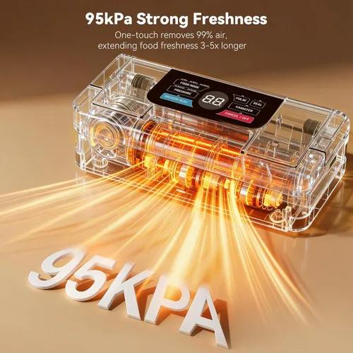 Miniatura 5 de Potente sellador al vacío de 95 kPa para alimentos, máquina selladora al vacío 10 en 1 totalmente automática con mango fácil, cortador integrado