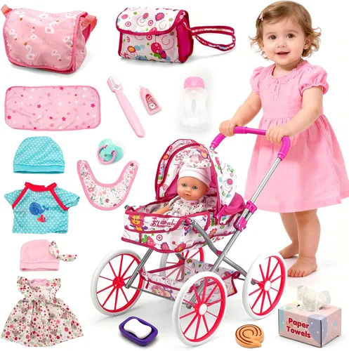 Miniatura 6 de Juego de Juguetes de Cochecito para Muñeca de Bebé con Muñeca de Bebé de 13'', Cama de Muñeca, Silla de Comedor, 26 Piezas de Accesorios para Muñeca