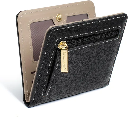 Miniatura 8 de Billetera pequeña para mujer, con bloqueo RFID, de piel, plegable, para tarjetas de crédito, con ventana de identificación, con cremallera, bolsillo