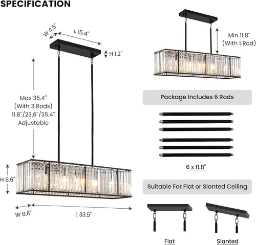 Miniatura 7 de Siljoy Candelabro rectangular moderno de cristal, 5 luces, color negro, rectangular, con forma de gota de lluvia, lámpara de techo colgante lineal