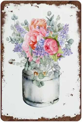 Graman Ramo de lila, letrero de hojalata vintage, letreros retro, decoración divertida para mujeres y hombres, acuarela, peonías rosas, eucalipto,