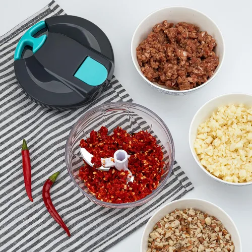 Miniatura 3 de Procesadores de alimentos manuales multifunción y picadora con tapa y asa, prensa de ajo, trituradora de verduras, adecuada para cebollas, ajo, Azul