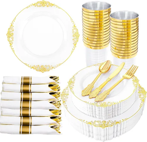 Miniatura 30 de Hioasis 175 platos de plástico verde transparente, elegante juego de vajilla desechable adecuado para 25 invitados, incluye platos de cena de 10.25
