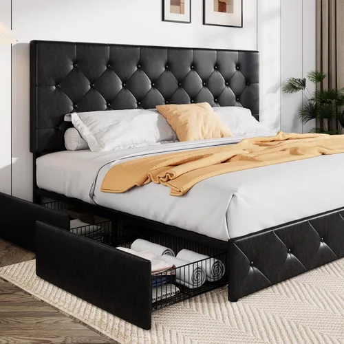Miniatura 32 de Allewie - Base de cama tapizada de tamaño Full con plataforma, con 4 cajones de almacenamiento y cabecero, diseño cosido en cuadrados con botones
