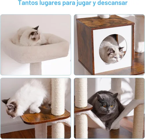 Miniatura 6 de Hey-brother Árbol de madera para gatos, muebles para gatos de 66.1 pulgadas con postes rascadores, torre moderna para gatos con hamacas, juguetes