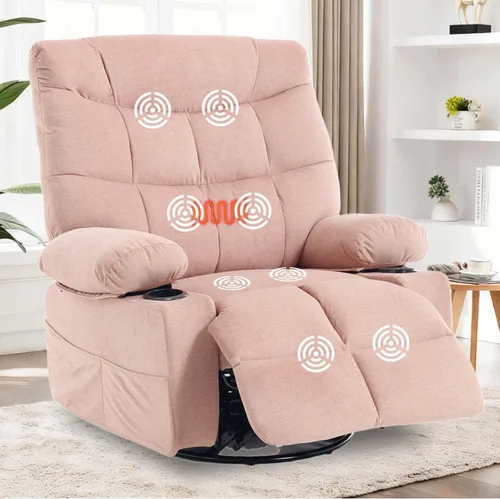 Miniatura 9 de KCQ Silla reclinable giratoria de gran tamaño con portavasos de calor para masaje, sillas reclinables de tela con relleno para guardería, mecedora