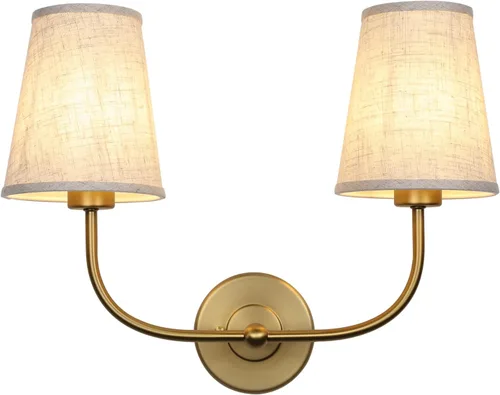 Miniatura 6 de Apliques de pared de 2 luces con embudo de tela de lino, lámparas de pared de doble luz para dormitorio, sala de estar, tocador, baño, pasillo, Latón