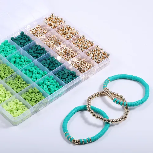 Miniatura 3 de 3020 cuentas de arcilla para suministros de joyería, kit de pulsera de la amistad con cuentas doradas (verde)