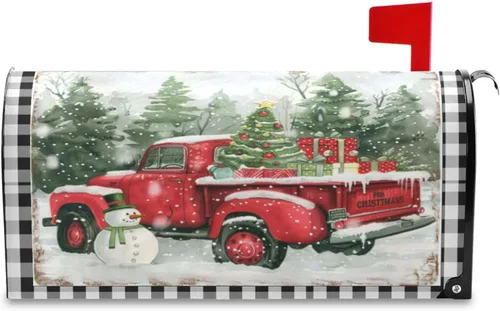 Funda Magnética para Buzón Feliz Navidad Camión Árbol Tamaño Grande Muñeco de Nieve de Invierno Cuadros Buffalo Fundas para Buzón Tamaño Estándar