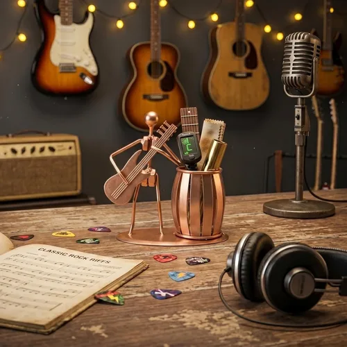 Miniatura 4 de MyGift Soporte para bolígrafo para escritorio, taza de lápiz decorativa con diseño de guitarra, accesorios y decoración para hombres, escritorio
