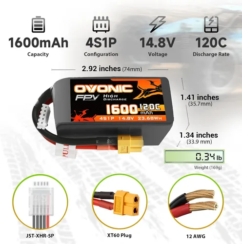 Miniatura 2 de OVONIC Batería Lipo 4S 1600mAh 14.8V 120C Batería con enchufe XT60 para RC Car Truck RC Vehículos RC Barco, Dron, Avión RC Quadcopter, Helicóptero