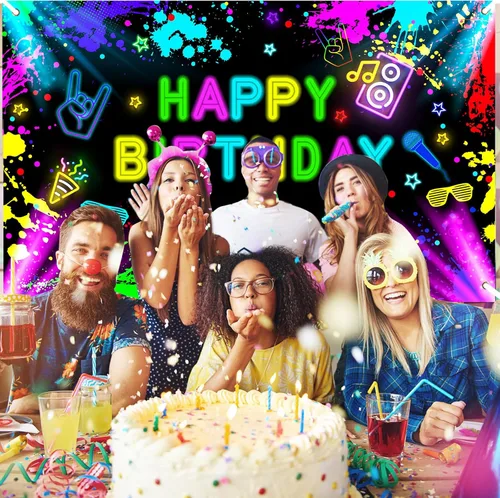 Miniatura 6 de Cartel de cumpleaños neón de 6 x 3.6 pies que brilla en la oscuridad, decoraciones de neón para fiesta de cumpleaños, fondo de fotografía