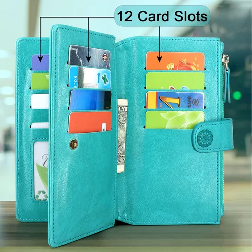 Miniatura 4 de Harryshell Funda de piel desmontable con cremallera magnética con bolsillo para monedas, 12 ranuras para tarjetas, correa de muñeca, cordón