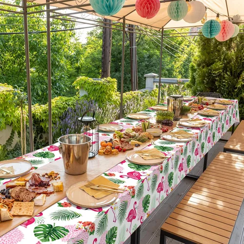 Miniatura 8 de Paquete de 3 manteles de verano con diseño de flamenco para fiestas, mantel de plástico tropical hawaiano, mantel desechable Luau para verano