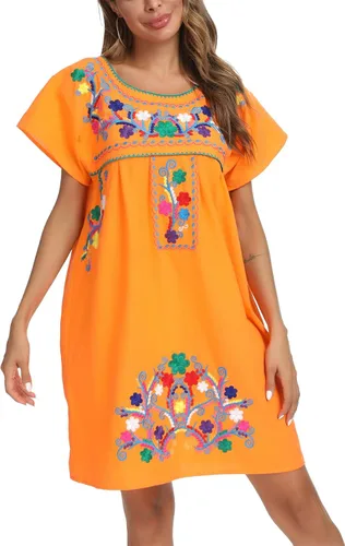 Miniatura 8 de YZXDORWJ - Vestido mexicano bordado de manga corta para mujer