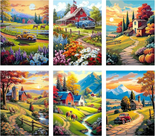 Miniatura 9 de Leatrice Paquete de 6 kits de pintura de diamantes para adultos, kits de arte de diamantes 5D, pinturas de puntos de gemas redondas, taladro