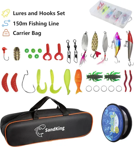 Miniatura 5 de Kit de caña de pescar, combo de caña de pescar telescópica de fibra de carbono y carrete con carrete giratorio, línea, cebo biónico, anzuelos