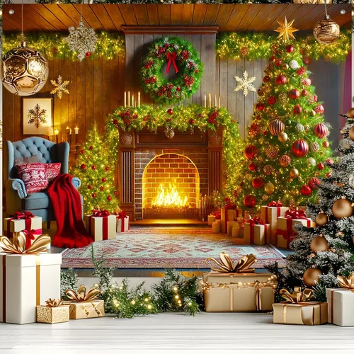 Miniatura 11 de HOMETITUTE Pancarta de Navidad de Papá Noel 8 x 6 pies Lista de Regalos Telón de Fondo Fiesta Navideña Fondo Árbol Muñeco de Nieve Bicicleta