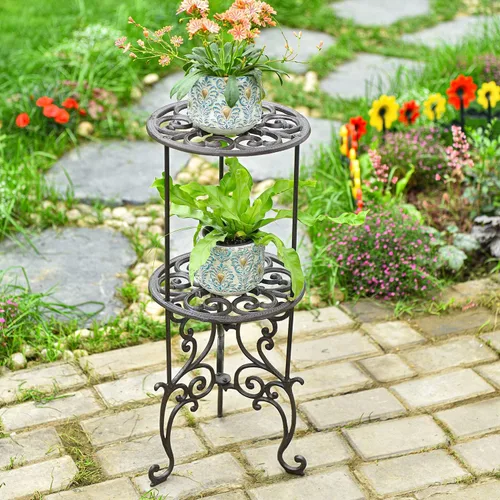 Miniatura 3 de Sungmor Soporte para macetas de hierro fundido resistente, estante de metal de 2 niveles de 26 pulgadas, soporte decorativo para macetas