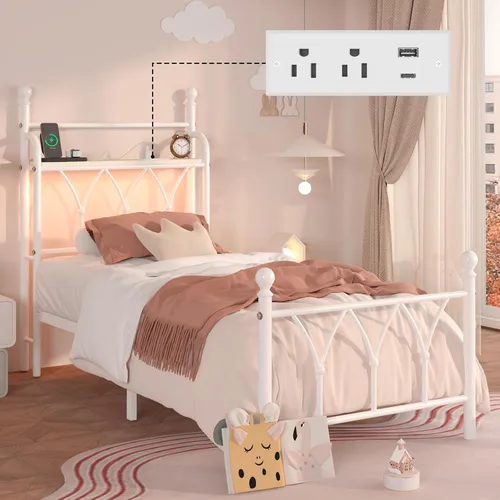 Miniatura 10 de E-Ser Marco de cama de plataforma de metal tamaño twin con cabecera de almacenamiento, marco de cama con luz LED, estación de carga integrada