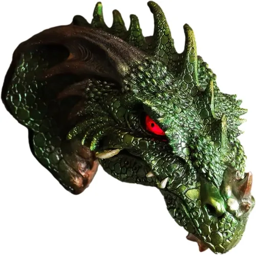 Ebros Gift Placa decorativa de pared con cabeza de dragón con púas de color verde metálico con ojos iluminados LED, mazmorras y dragones, leyendas
