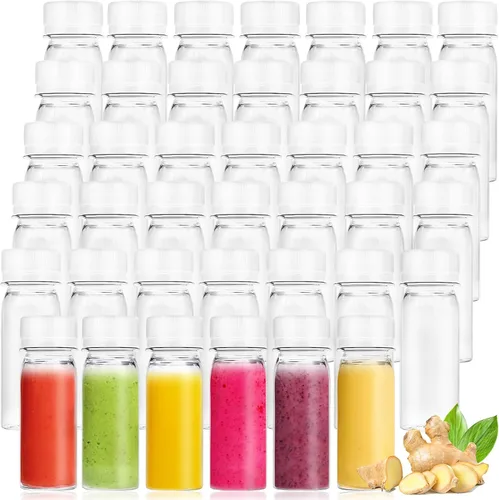 Miniatura 8 de Xuyyicao 30 Piezas Botellas Pequeñas de Plástico de 2 Oz para Líquidos, Botella para Shot de Jengibre con Tapas, Recipientes de Bebidas