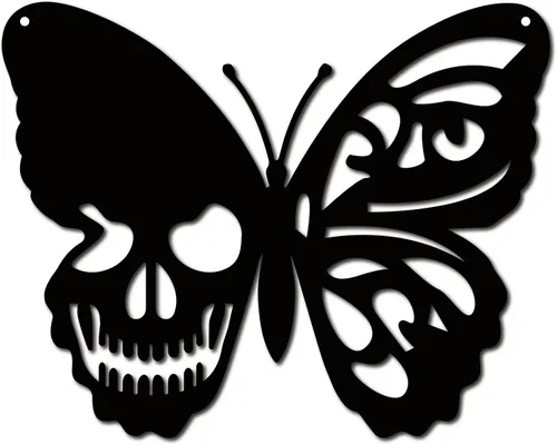 CREATCABIN Decoración de pared de metal con diseño de calavera y mariposa, para colgar en la pared, letrero de escultura de hierro para interiores y