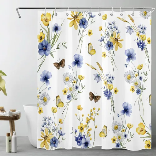 Miniatura 10 de EOBTAIN Cortina de ducha floral de acuarela para baño, margaritas y mariposas sobre tela beige con 10 ganchos, juego de cortinas de baño rústicas