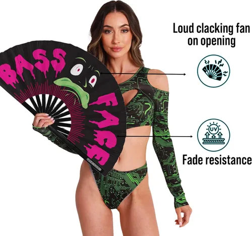 Miniatura 5 de Rave Wearhouse Rave Fan - Ventilador de mano plegable de bambú grande con brillo UV para hombres/mujeres, fanáticos para EDM, festival de música