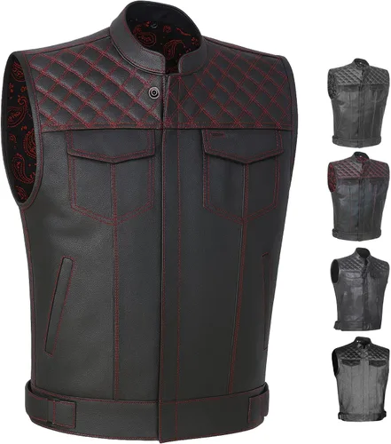 Miniatura 13 de Jackets 4 Bikes SOA Chaleco de Motocicleta para Hombre, Cuero Genuino de Búfalo, Armadura Trasera, Bolsillos Interiores, Chalecos de Club de Negro