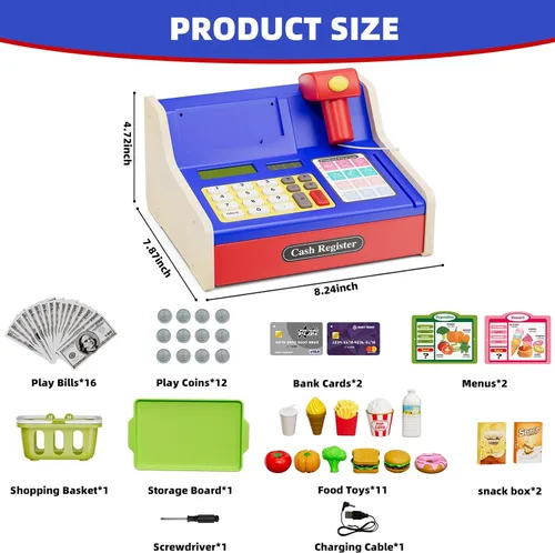 Miniatura 2 de HYES Caja registradora de madera para niños, supermercado de juego de simulación recargable y restaurante de comida rápida, caja registradora