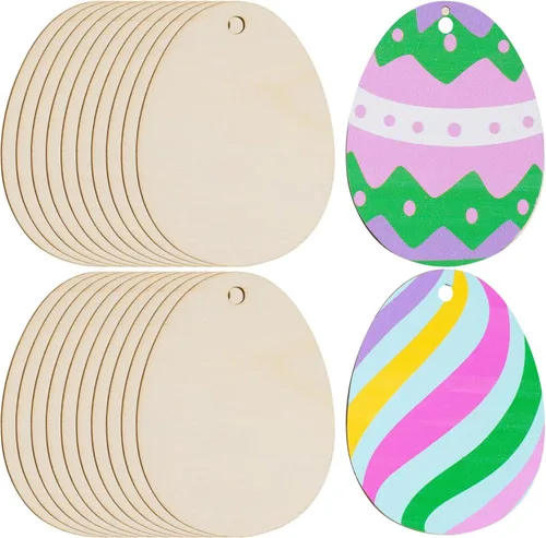 Miniatura 8 de Yookat 50 piezas de adornos de huevo de Pascua con recortes de madera de huevo, manualidades, rebanadas de madera sin terminar para pintar