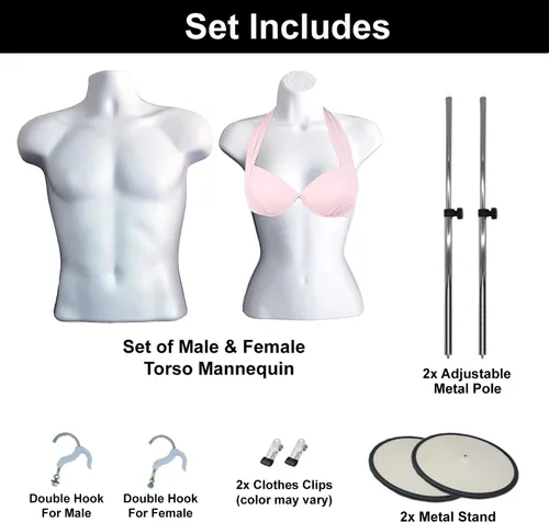 Miniatura 6 de Juego de torso de maniquí blanco para hombre y mujer, con forma de vestido con espalda hueca, con clips para ropa, soporte de metal para encimera