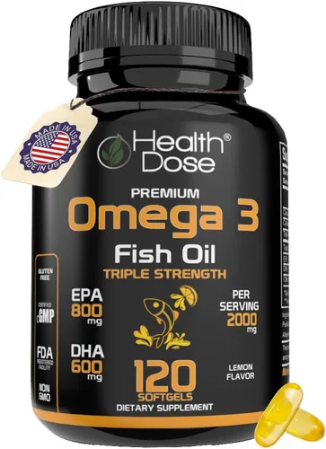 Health Dose Aceite de pescado Omega 3 de 2000 mg – Cápsulas blandas con sabor a limón con EPA 800 mg y DHA 600 mg para apoyo al cerebro, corazón y