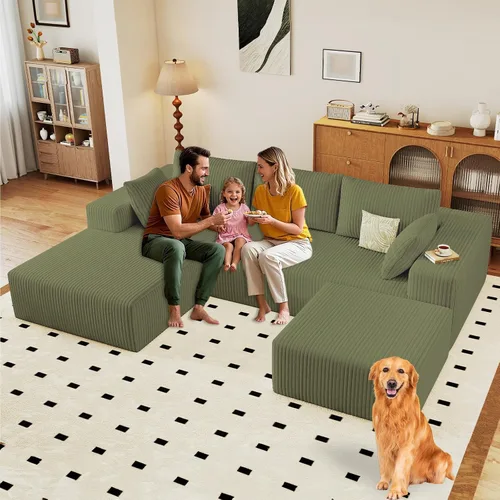 Miniatura 24 de Sofá modular de 95 pulgadas con otomana, moderno sofá nube de pana con asiento profundo, sofá sin hueso tapizado de 3 plazas en forma de U para sala