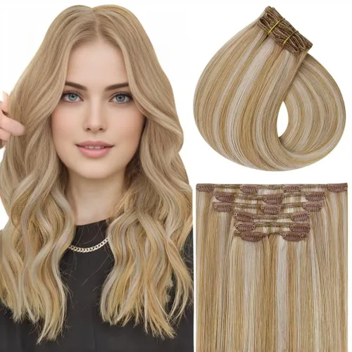 Miniatura 24 de Vivien Extensiones de cabello humano con clip, color negro azabache, extensiones de cabello humano real con pinzas invisibles, doble trama, 14