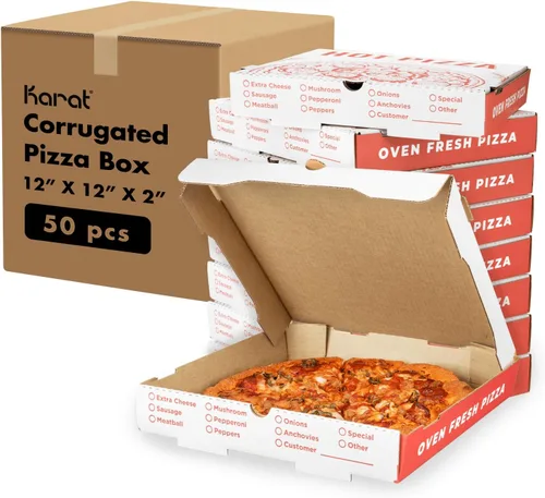 Miniatura 10 de Karat Cajas de pizza de 20,3 x 20,3 cm [paquete de 50] Cajas corrugadas de impresión roja clásica Ventiladas, resistentes a la grasa, duraderas