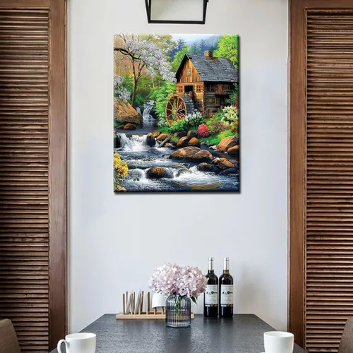 Miniatura 2 de Pintura por números, cabaña del bosque rodeada de flores y árboles, pintura sobre lienzo con pinceles, pinturas acrílicas, perfectas para pintar por