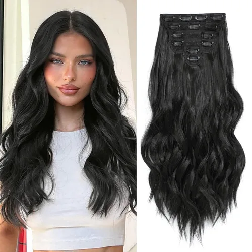 Miniatura 9 de Extensiones de cabello con clip para mujer, negro natural con reflejos marrones, 20 pulgadas, 6 piezas, extensiones de cabello largo, ondulado