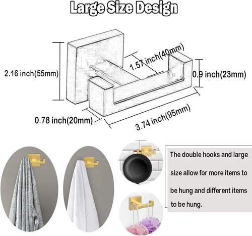 Miniatura 5 de BOZWELL Ganchos dobles para toallas para baño, montaje en pared dorado cepillado, paquete de 2 ganchos modernos de estilo cuadrado para bata, Oro