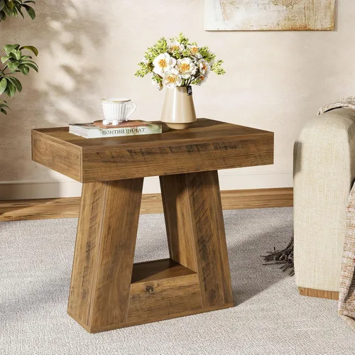 Tribesigns Mesa auxiliar moderna de 24 pulgadas, mesa auxiliar de madera estrecha de 2 niveles con base trapezoidal, mesita de noche pequeña de